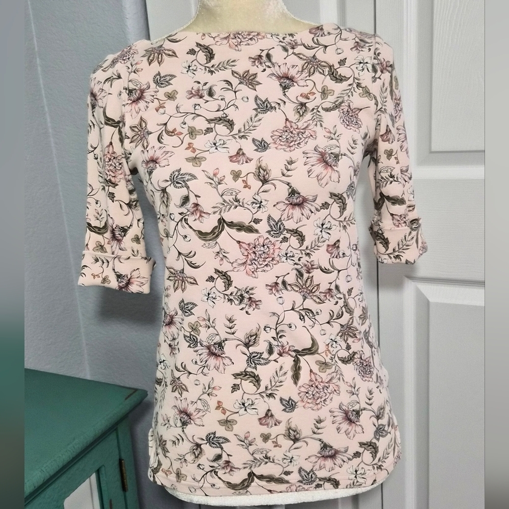 Lauren Ralph Lauren Floral Petite Top Blush Pink 3/4 Sleeve Stretch